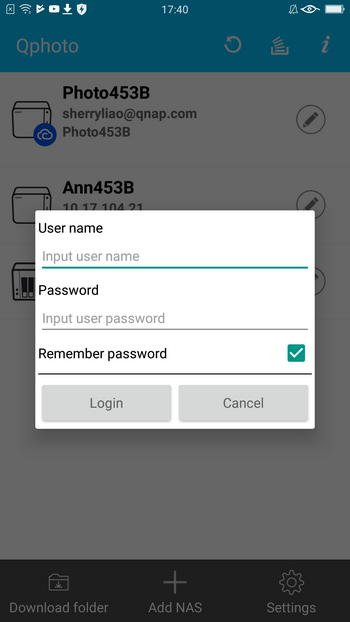 Нажмите значок NAS, а затем укажите свое имя пользователя и пароль